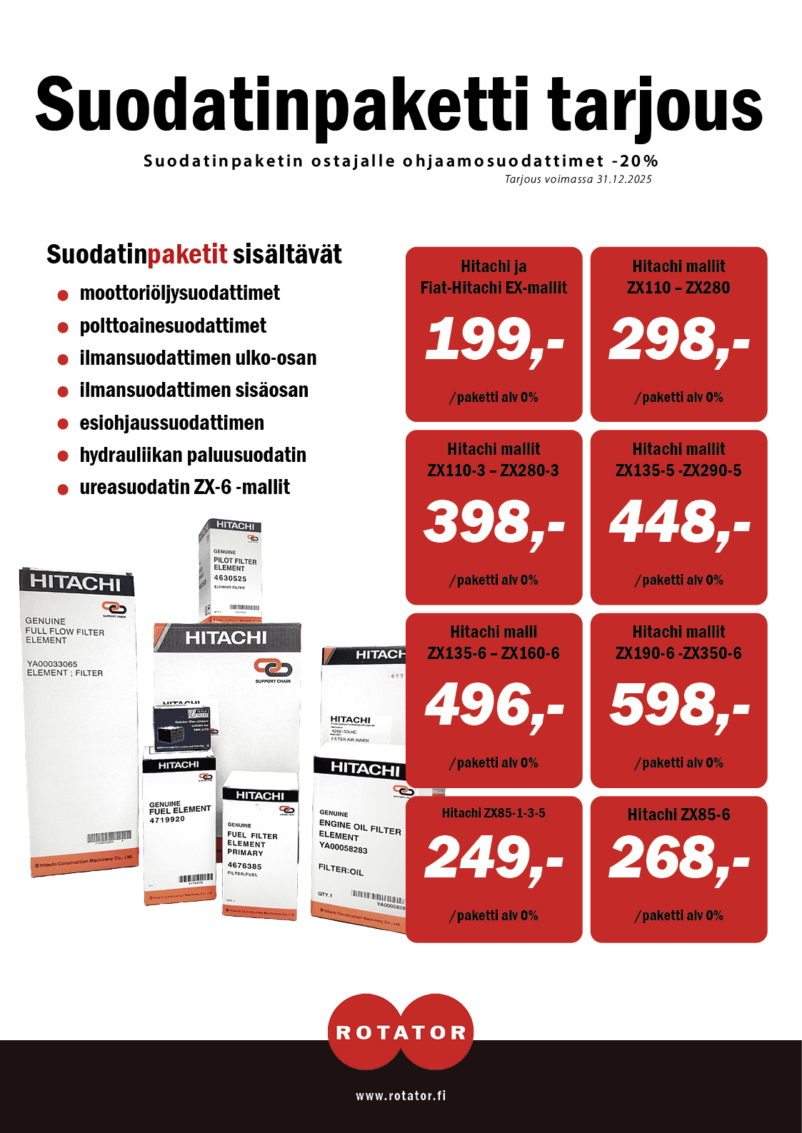 Hitachi-suodatinpakettien tarjous eri kaivinkonemalleihin, Rotator Oy.