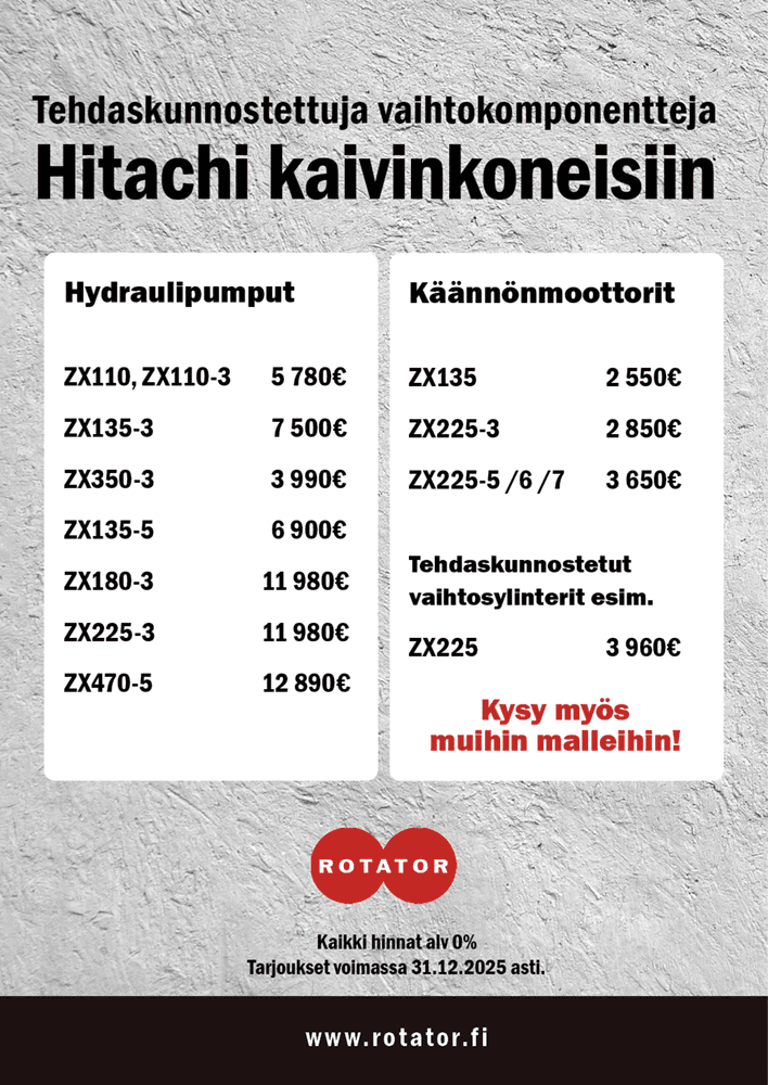 Hitachi-kaivinkoneiden tehdaskunnostetut hydraulipumput ja käännönmoottorit tarjouksessa, Rotator Oy.