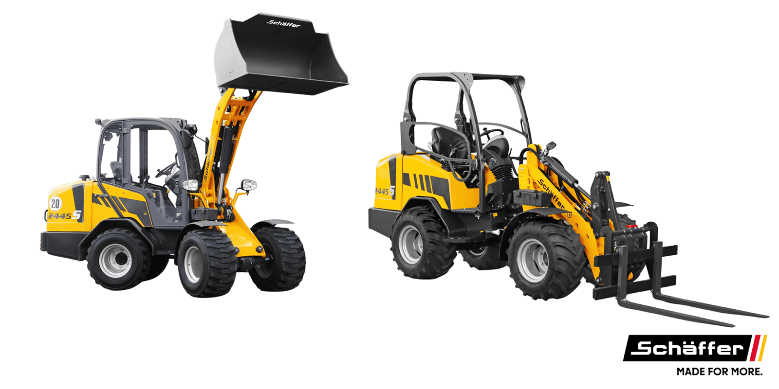Schäffer 2445 S pyöräkuormaaja eri varustevaihtoehdoilla