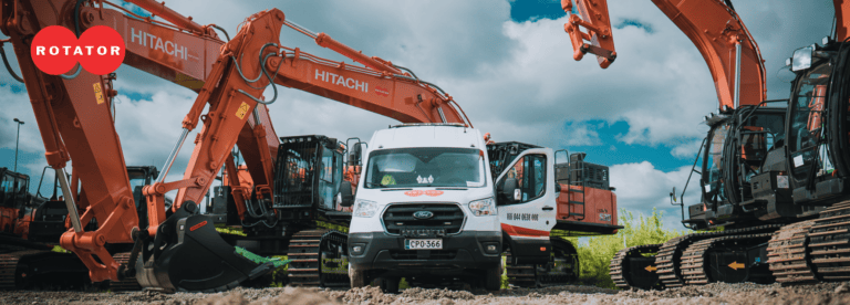 Rotatorin huoltoauto ja kaivinkoneita työmaalla – uramahdollisuudet konealalla